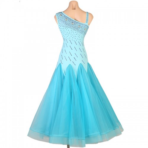 Turquoise aqua blue competition ballroom dance dress for women girls waltz tango foxtrot smooth dance long gown with gemstones for female